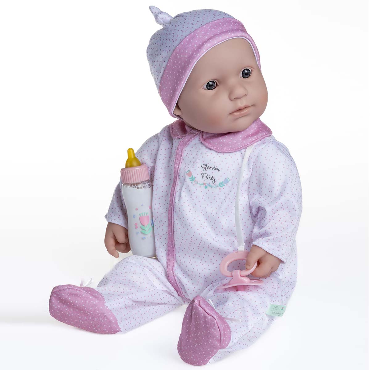 La Baby ® 20" Soft Body Baby Doll White/Pink Onesie w/ Pacifier & Magic Bottle.