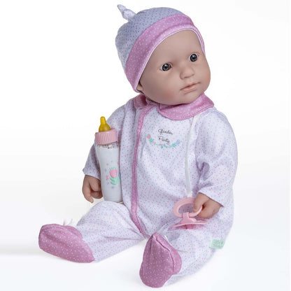 A 20-inch La Baby soft body baby doll in a white/pink onesie with a pacifier and magic bottle.