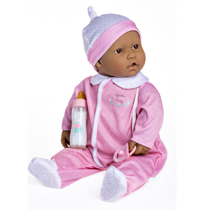 A 20 inch soft body baby doll in pink and white onesie with a pacifier and a magic bottle.