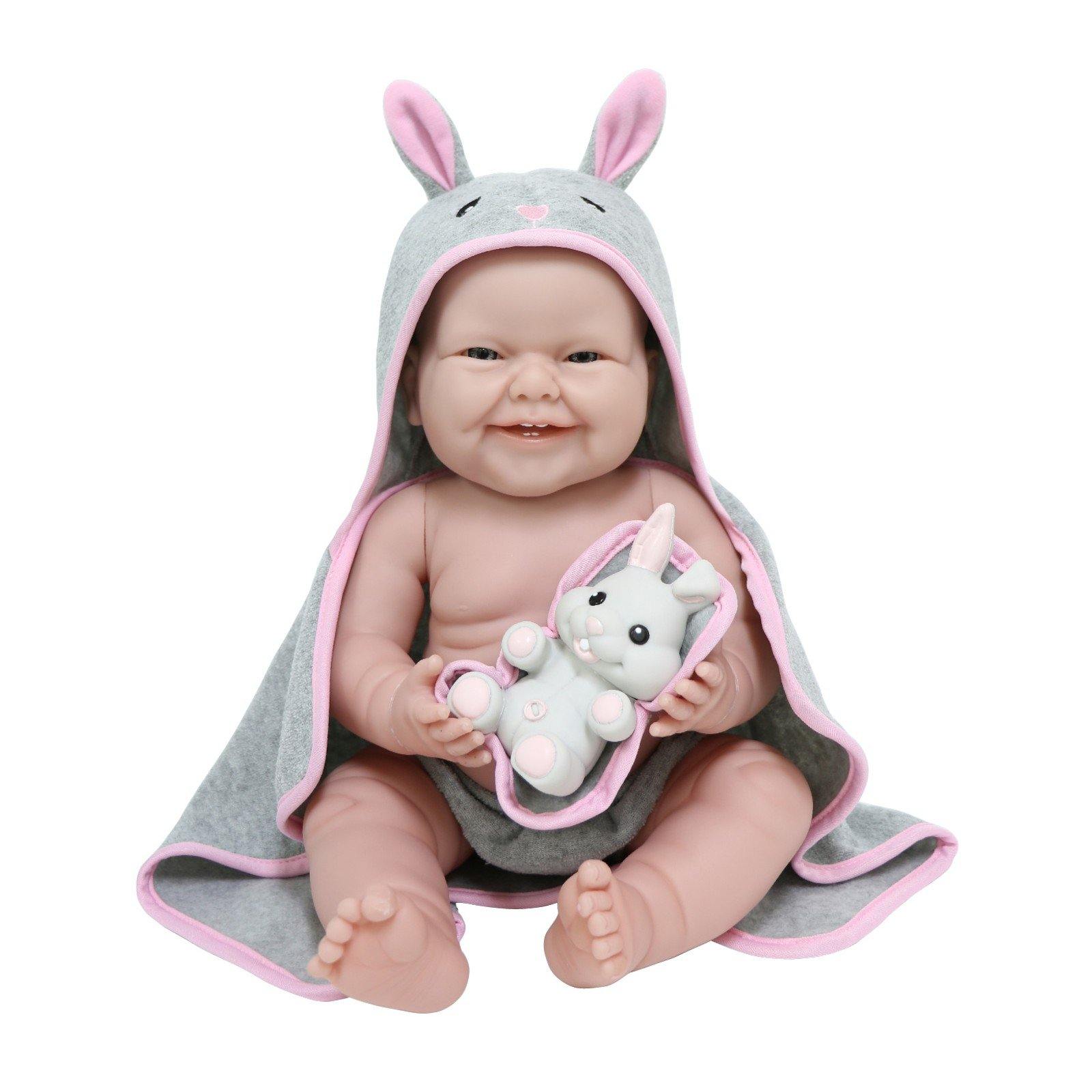 JC Toys, La Newborn Baby Doll, All Vinyl Realistic 17" Anatomically Correct Real Girl, with Hooded Rabbit Towel - JC Toys Group Inc.