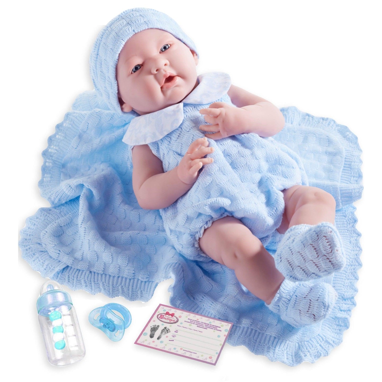 JC Toys, La Newborn All Vinyl Real Boy 15in Baby Doll in Blue Knit Outfit - JC Toys Group Inc.