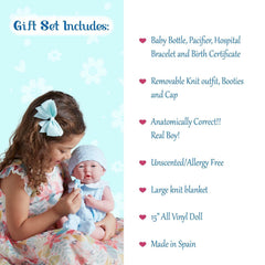JC Toys, La Newborn All Vinyl Real Boy 15in Baby Doll in Blue Knit Outfit - JC Toys Group Inc.