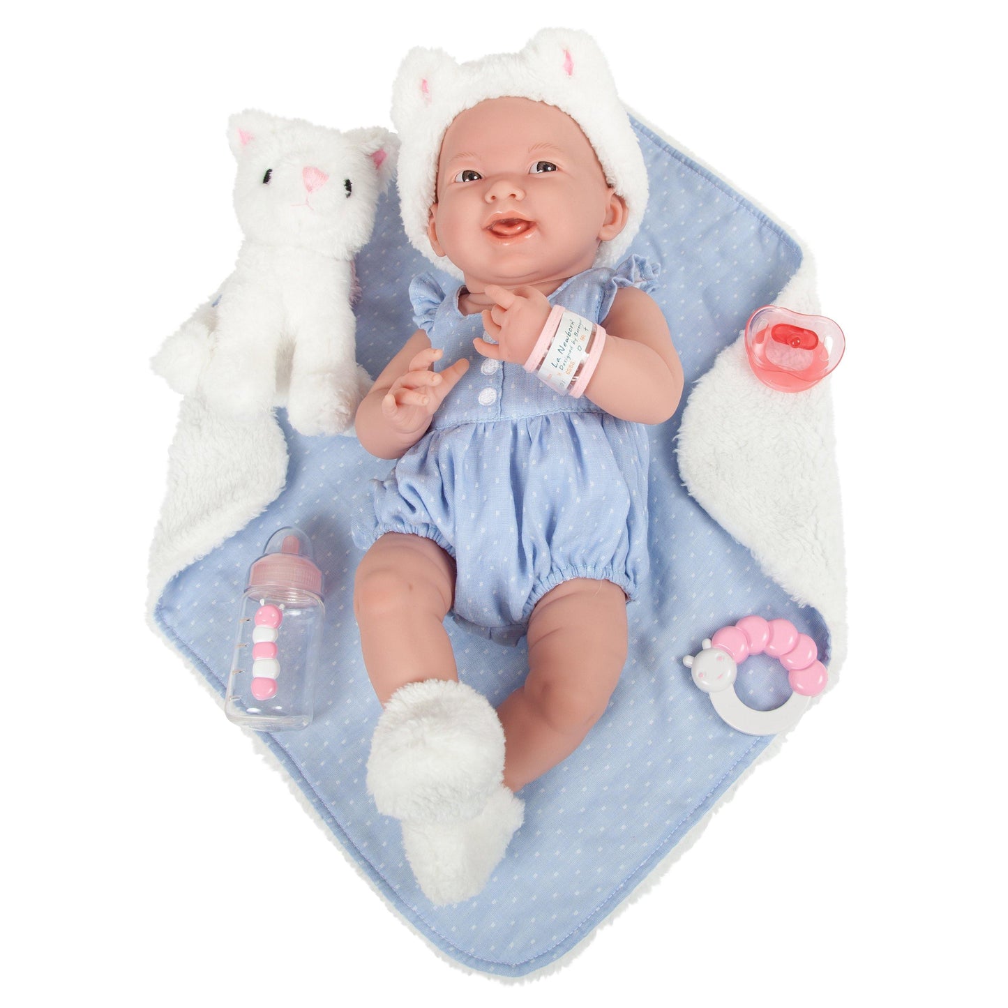 JC Toys, La Newborn All-Vinyl Real Girl 15" Baby Doll-Blue Outfit & Accessories - JC Toys Group Inc.