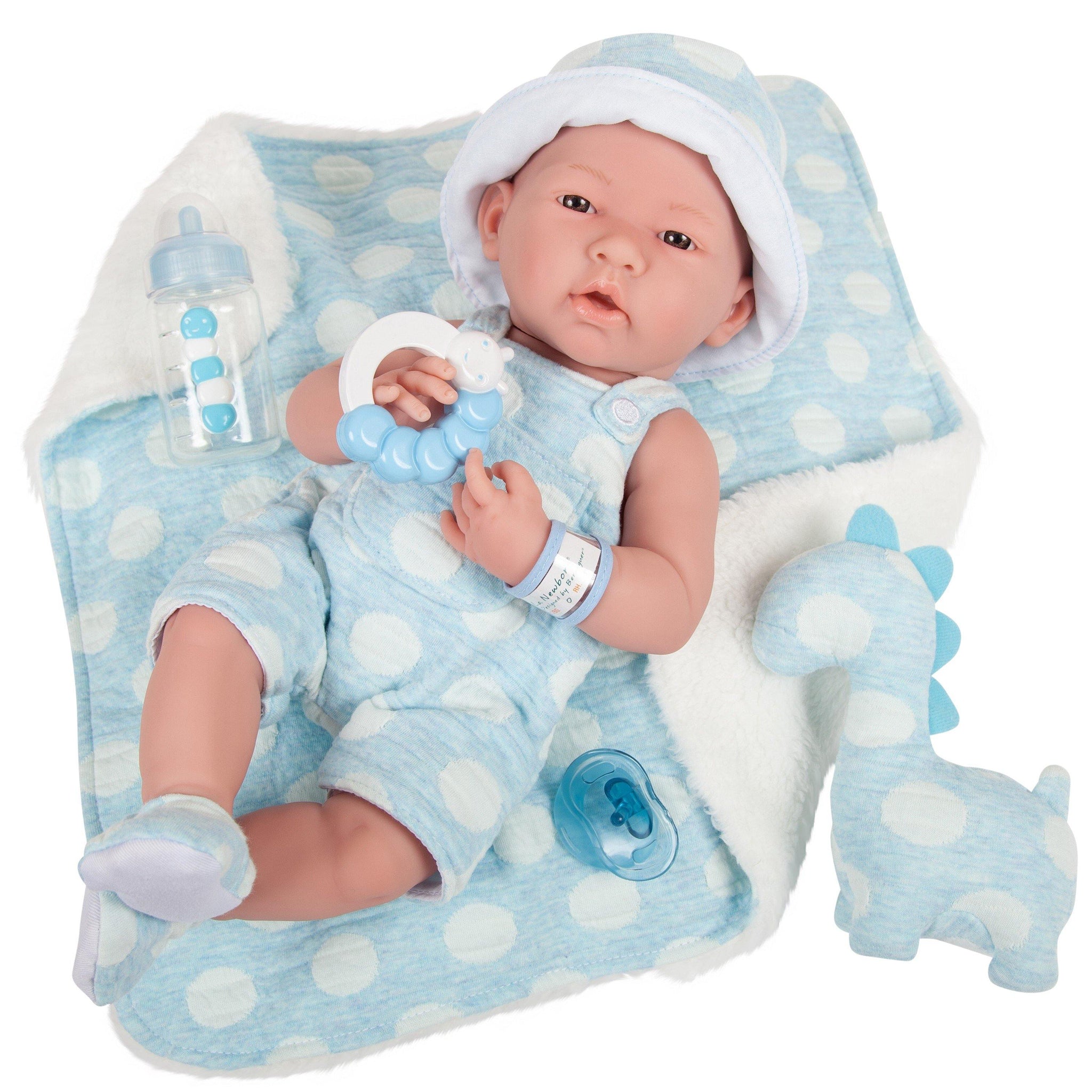 JC Toys, La Newborn AllVinyl Real Boy 15 in Baby Doll-Blue with White Polka Dots - JC Toys Group Inc.