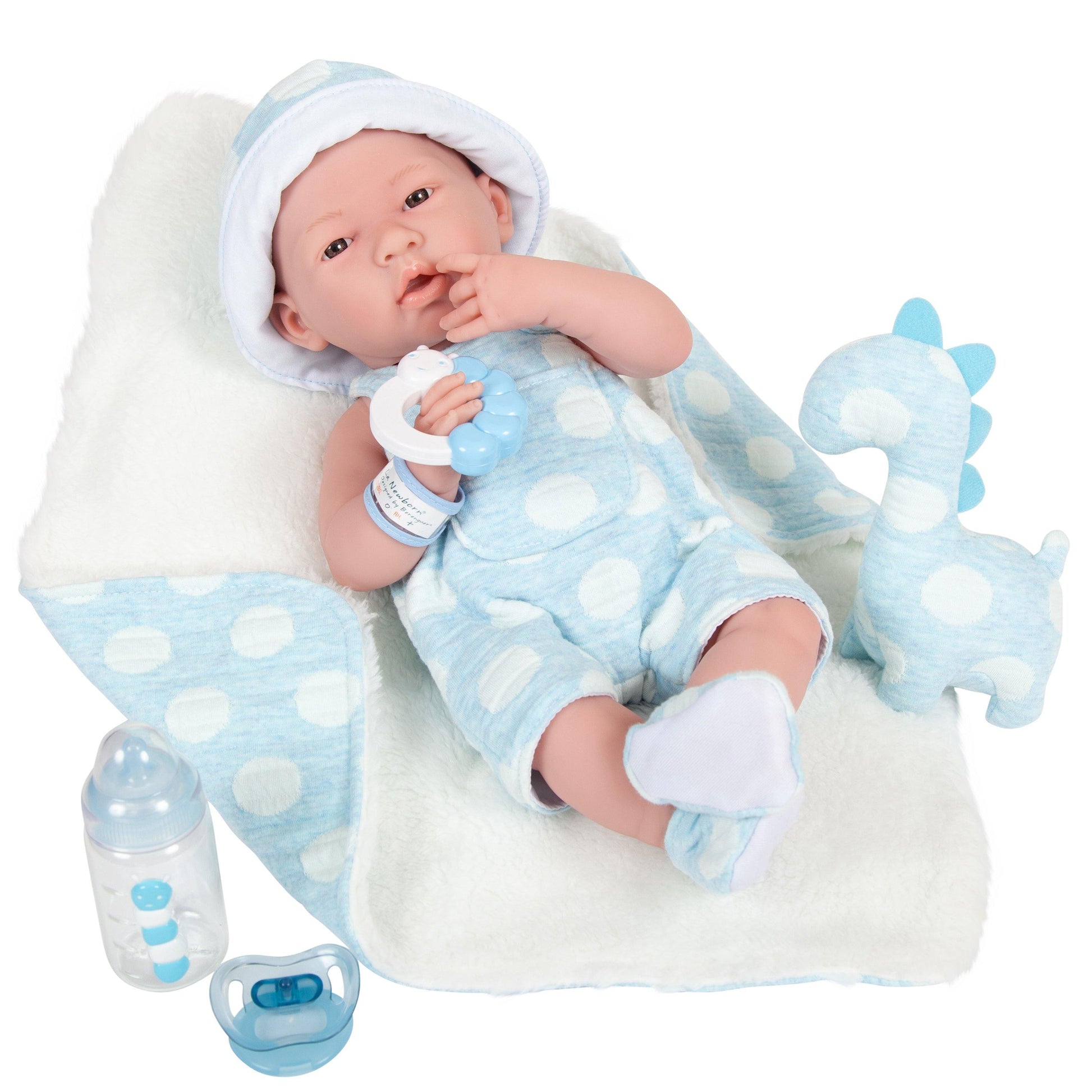 JC Toys, La Newborn AllVinyl Real Boy 15 in Baby Doll-Blue with White Polka Dots - JC Toys Group Inc.