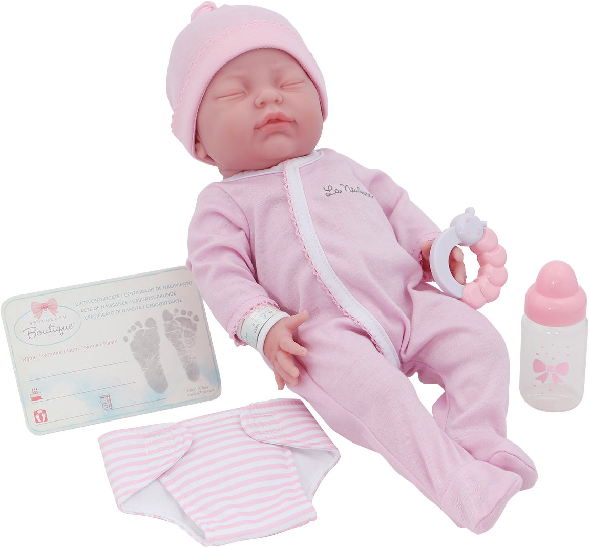 La Newborn® 17"  All-Vinyl Retro La Newborn Doll (closed Eyes) in Pink Set w/ accessories. Window Box