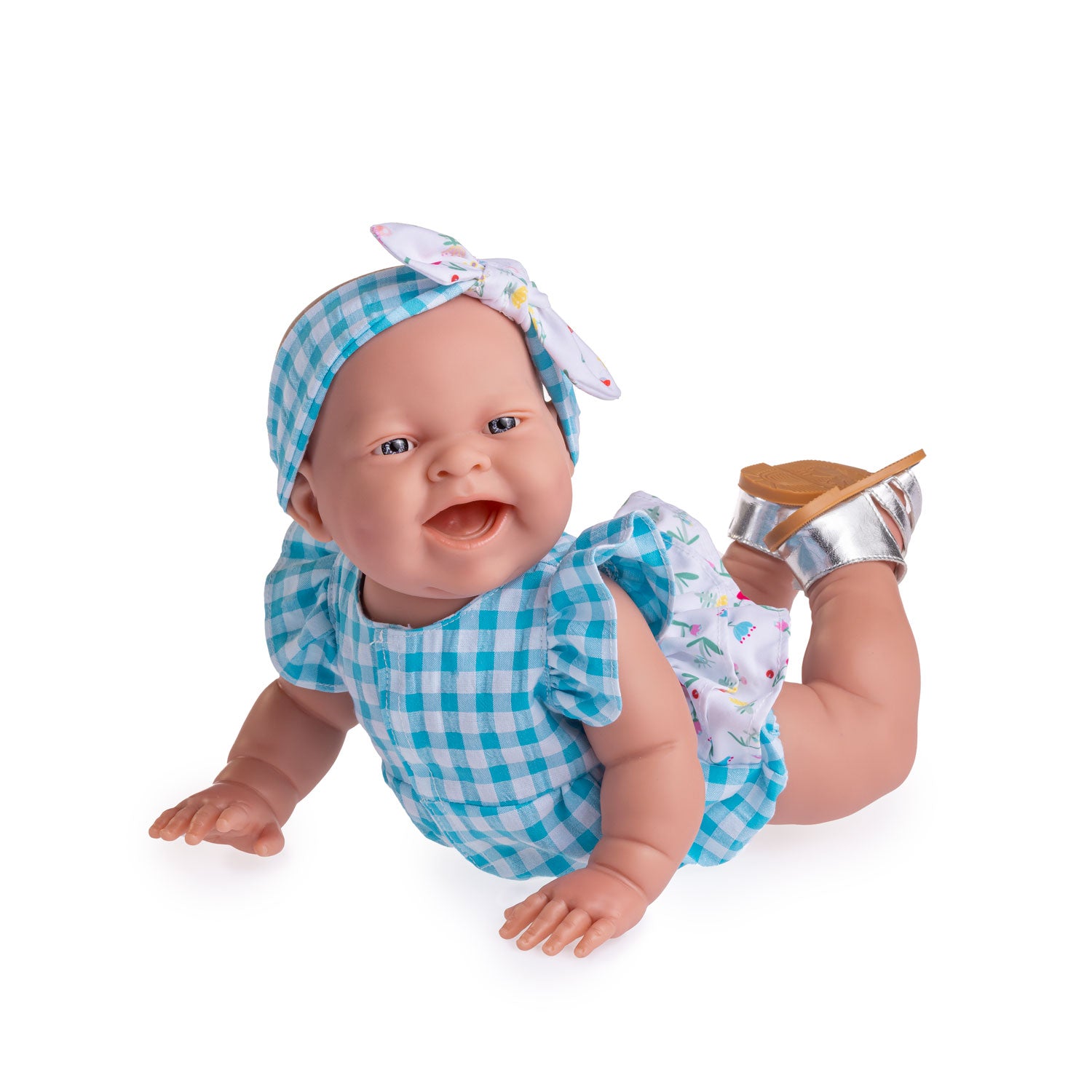 Lola on the go - 14” Realistic All Vinyl Posable Play Doll – Happy Face- Dressed in 2 Piece Fun Collection Outfit with Shoes -By Berenguer Boutique