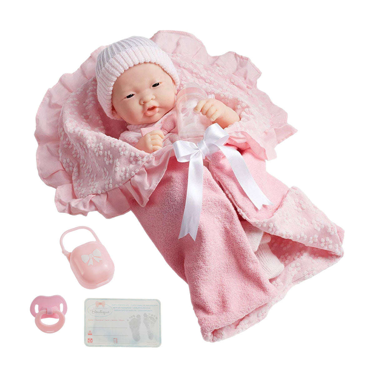 JC Toys, Soft Body La Newborn Asian Baby Doll 15.5in Deluxe Pink Layette Set - JC Toys Group Inc.