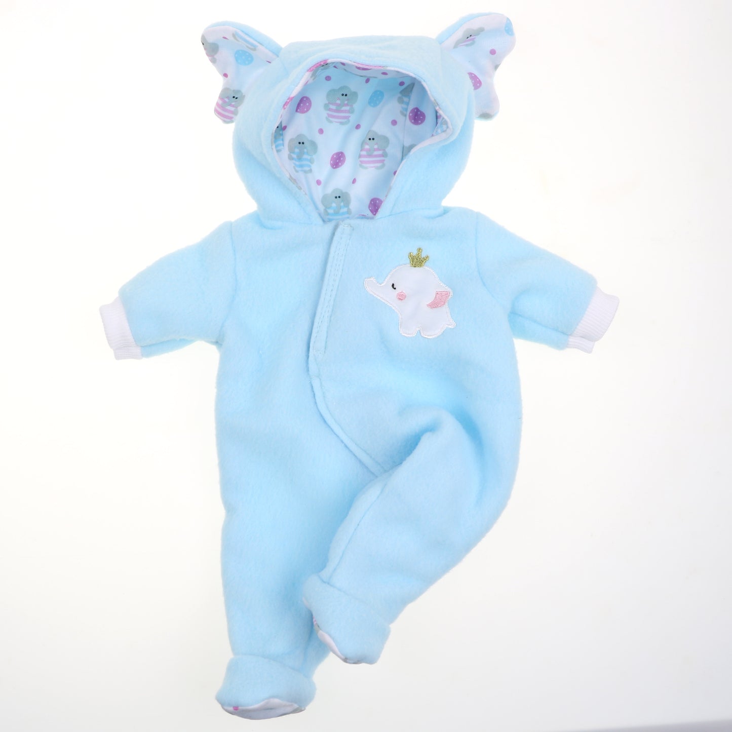 JC Toys Berenguer Boutique Baby Doll Outfit Blue Elephant Themed Hooded Onesie Fits dolls 14"- 18"