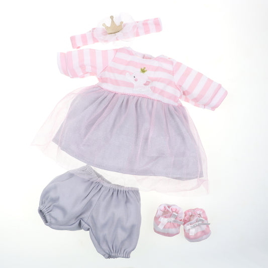 JC Toys Berenguer Boutique Baby Doll Outfit Pink Striped Dress with Tulle Skirt, Shorts, Headband, and Booties