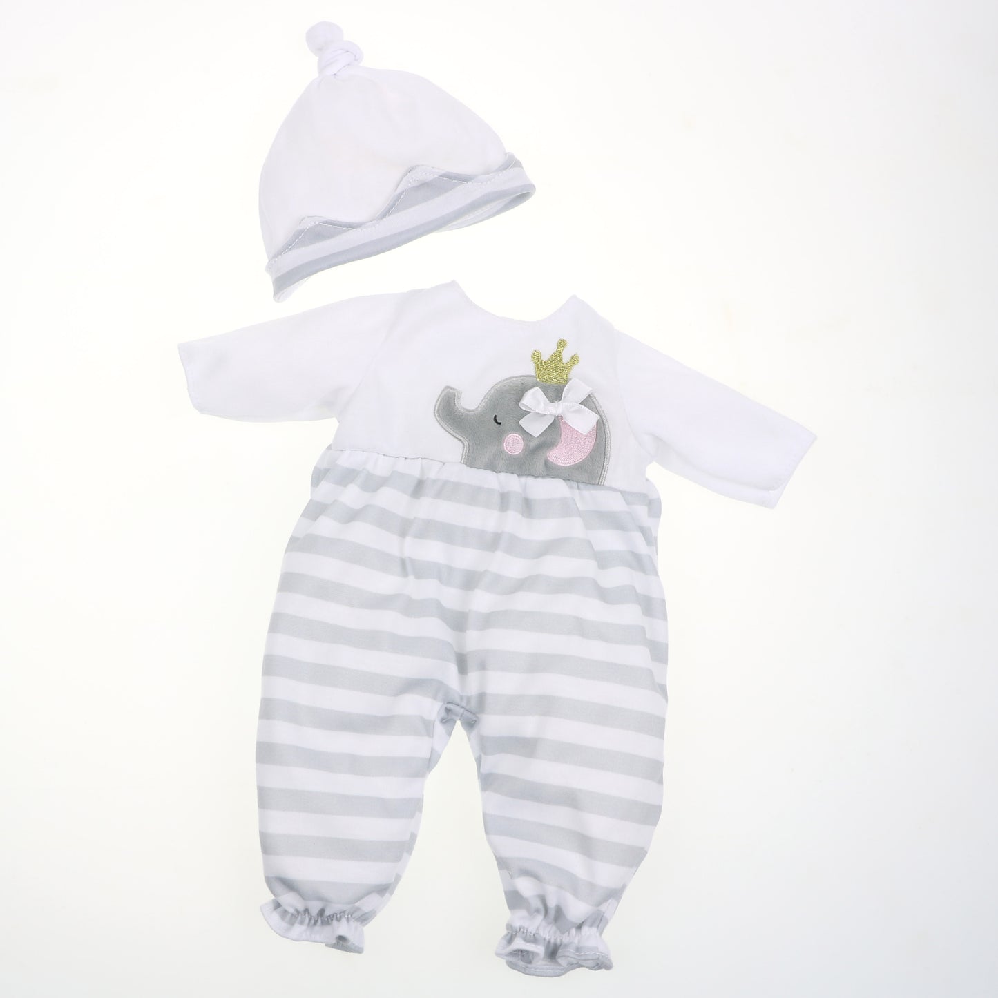 JC Toys Berenguer Boutique Baby Doll Outfit Gray Striped Long Onesie with Hat, and Booties