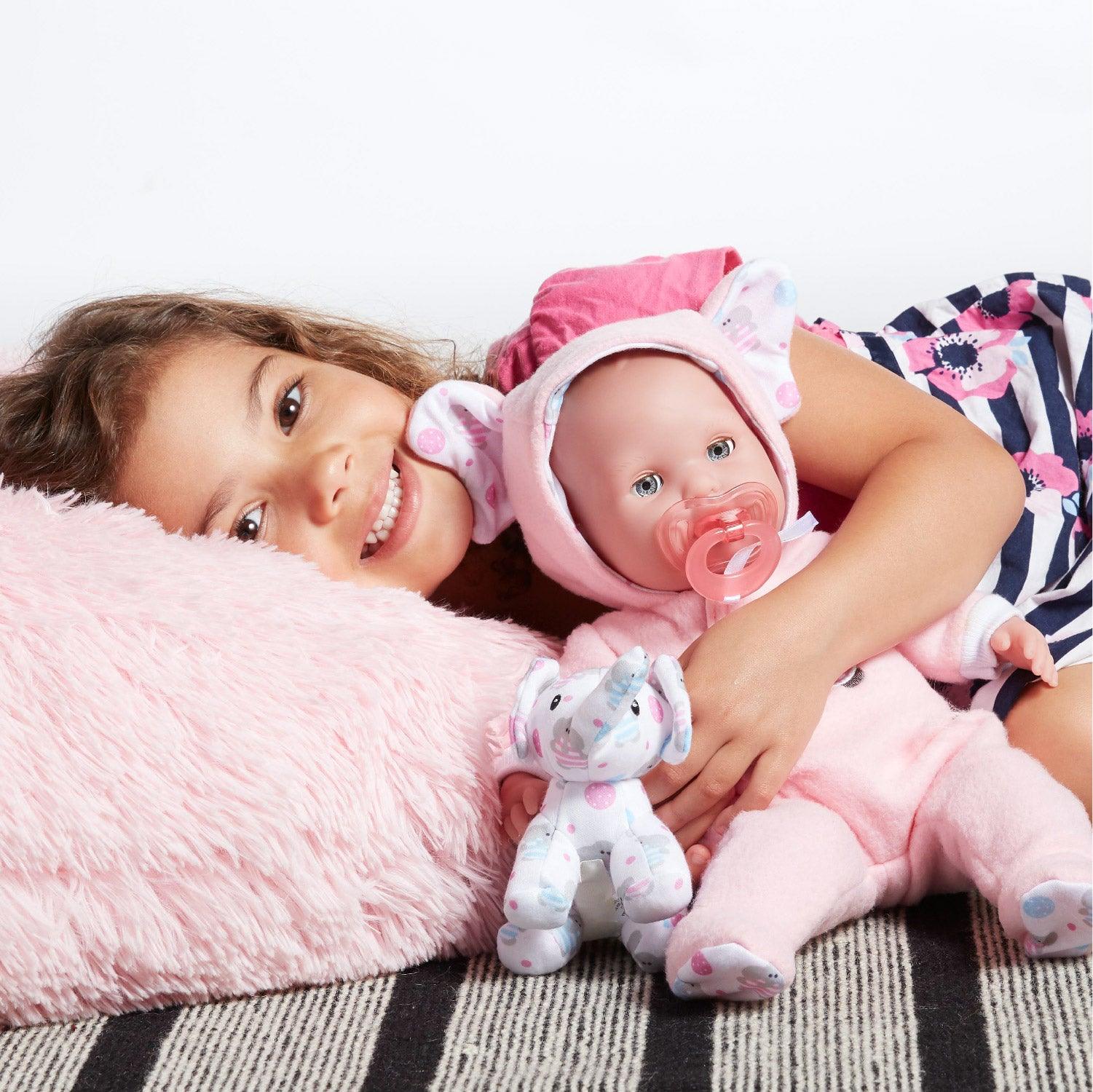 Berenguer Boutique Pink Soft Body 15" Baby Doll Open/Close Eyes w/Play Elephant For Children 2+ - JC Toys Group Inc.