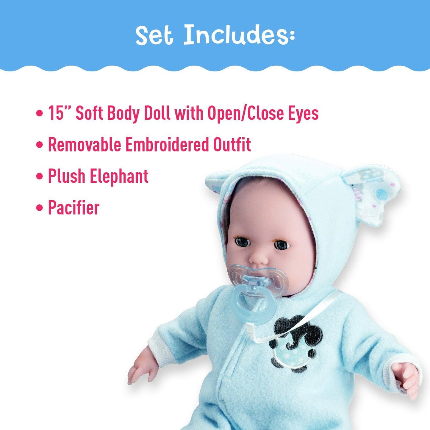 Berenguer Boutique Blue Soft Body 15" Baby Doll Open/Close Eyes with Play Elephant For Children 2+ - JC Toys Group Inc.