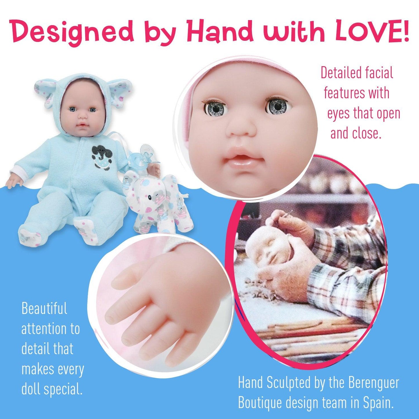 Berenguer Boutique Blue Soft Body 15" Baby Doll Open/Close Eyes with Play Elephant For Children 2+ - JC Toys Group Inc.