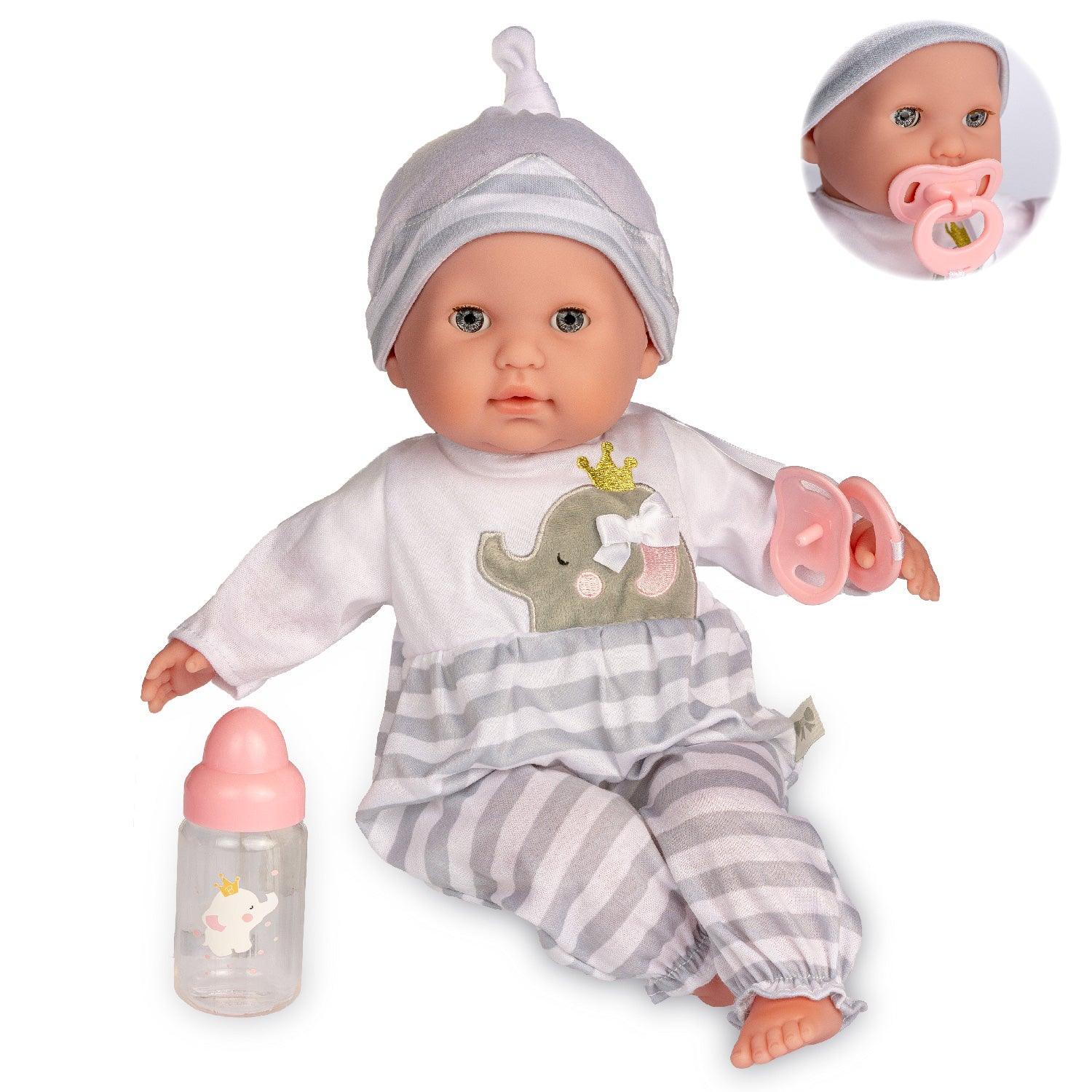 Berenguer Boutique 15" Soft Body Baby Doll Open/Close Eyes with Grey Outfit - JC Toys Group Inc.