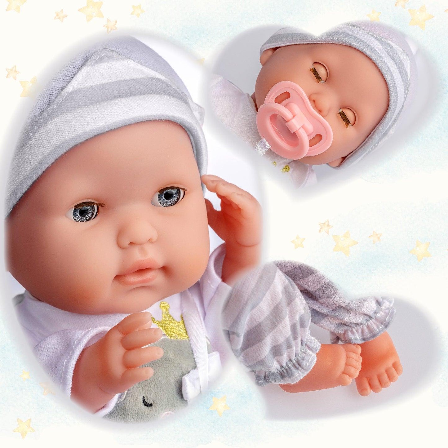 Berenguer Boutique 15" Soft Body Baby Doll Open/Close Eyes with Grey Outfit - JC Toys Group Inc.