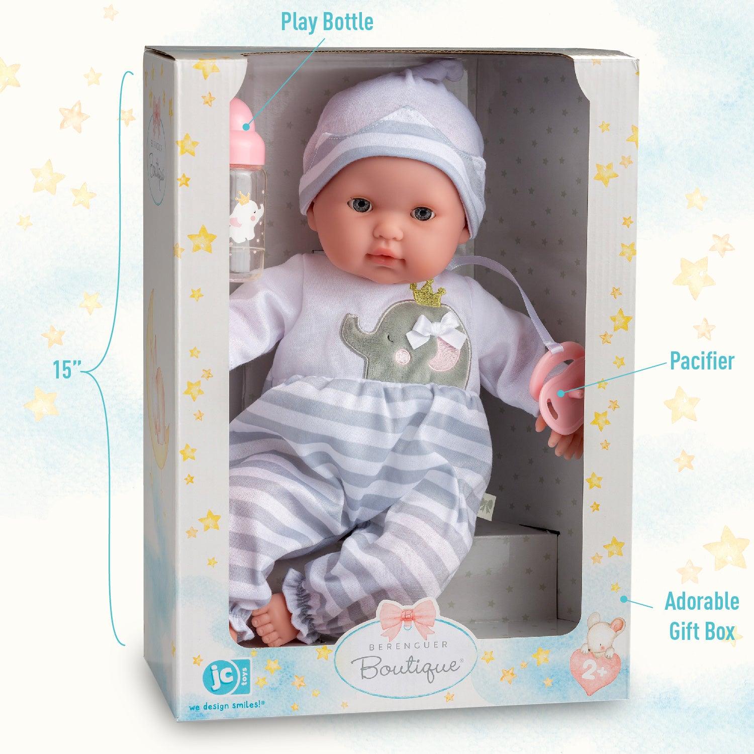 Berenguer Boutique 15" Soft Body Baby Doll Open/Close Eyes with Grey Outfit - JC Toys Group Inc.