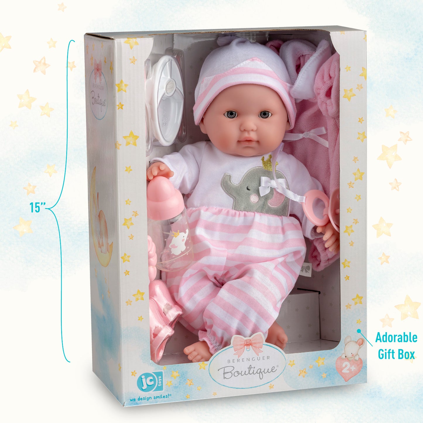 Berenguer Boutique 15" Realistic Soft Body Baby Doll Open/Close Eyes 10 Pcs. Set | Pink | Ages 2+ - JC Toys Group Inc.