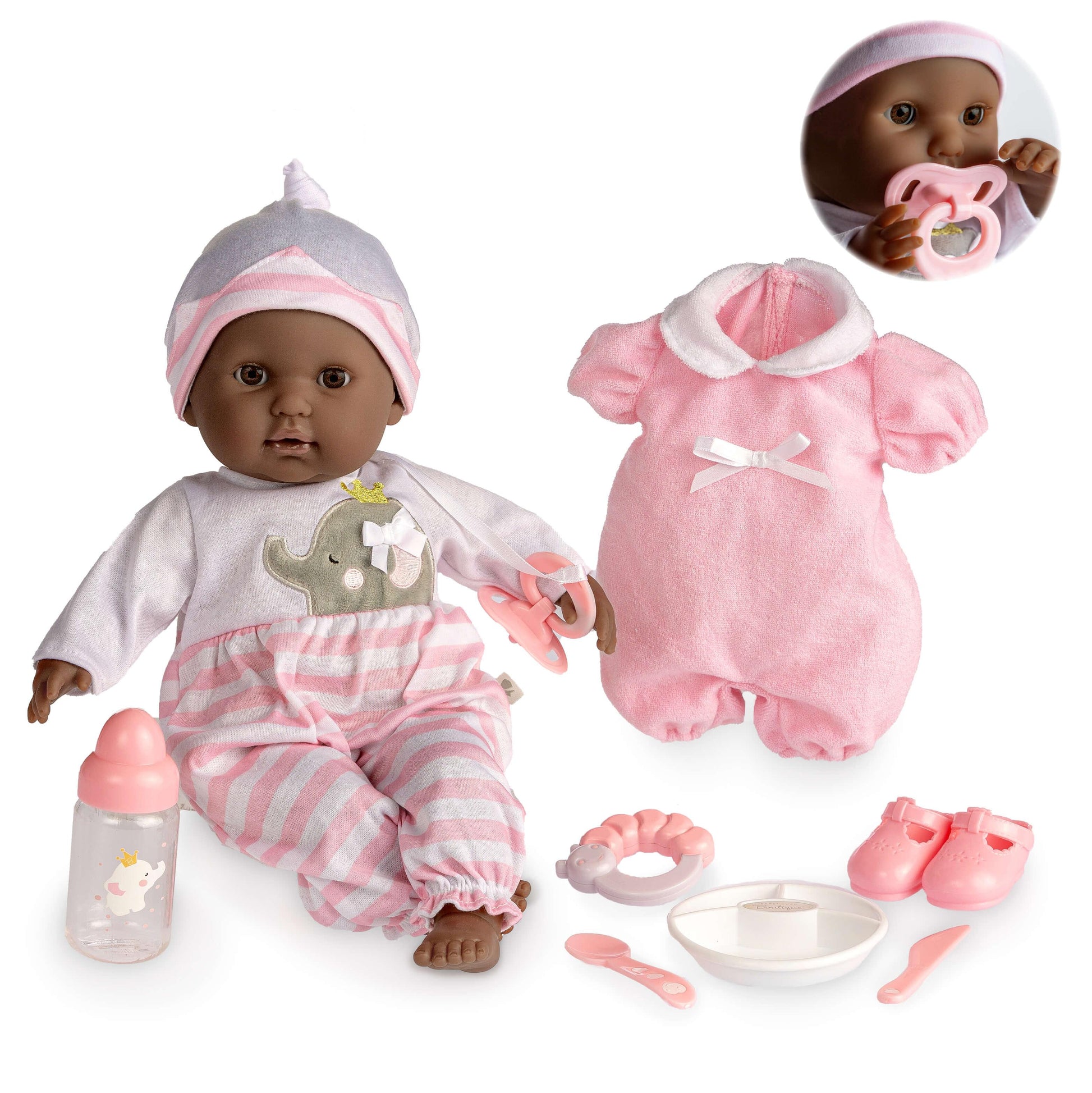 Berenguer Boutique 15" Realistic Soft Body African American Baby Doll Open/Close Eyes 10 Pcs. Set - JC Toys Group Inc.