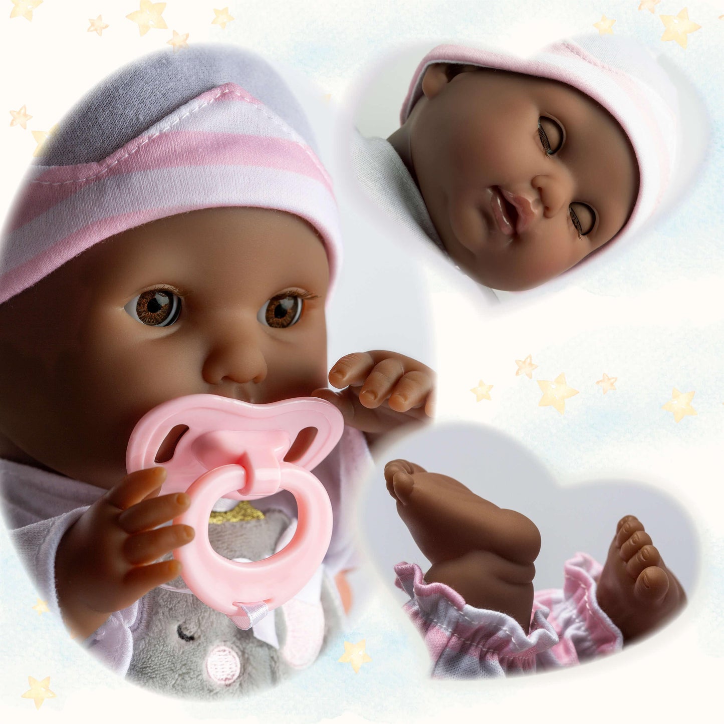 Berenguer Boutique 15" Realistic Soft Body African American Baby Doll Open/Close Eyes 10 Pcs. Set - JC Toys Group Inc.