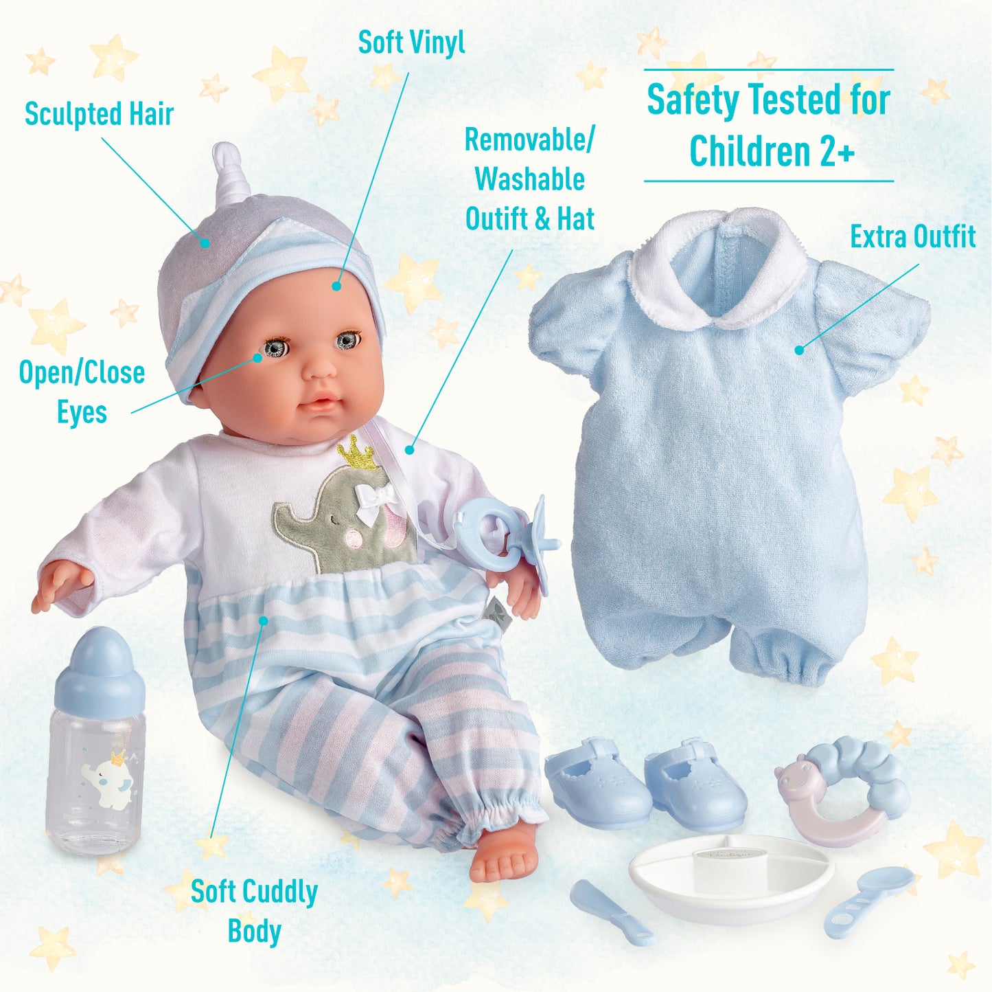 Berenguer Boutique 15" Realistic Soft Body Baby Doll Open/Close Eyes 10 Pcs. Set | Blue | Ages 2+ - JC Toys Group Inc.