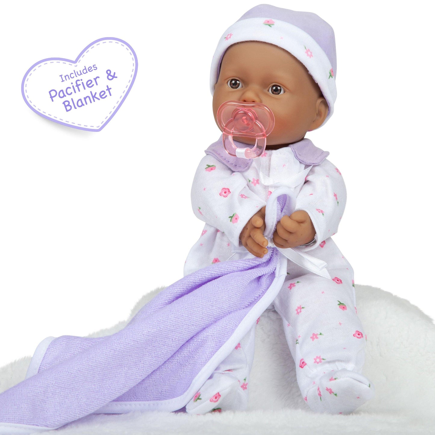 JC Toys, La Baby 11 inch Soft Body Hispanic Baby Doll in Purple Outfit - JC Toys Group Inc.