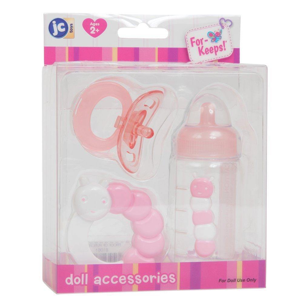 For Keeps! PINK Bottle Rattle and Pacifier Accessory Gift Set 3-Pieces. Fits Most Dolls - Ages 2+ - JC Toys Group Inc.