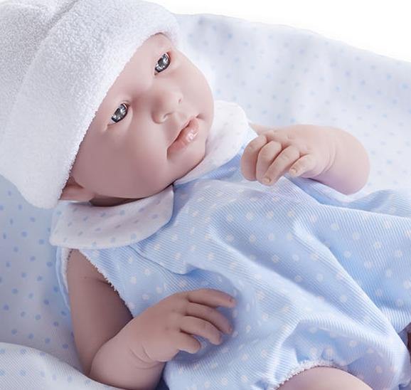 La Newborn - Realistic 17" Anatomically Correct “REAL BOY” Baby Doll - All Vinyl in Blue Bubble Suit and Blanket Designed by Berenguer Boutique - Made in Spain