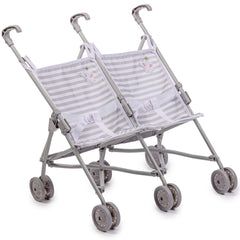 JC Toys Berenguer Boutique Twin Umbrella Baby Doll Stroller Elephant Theme Gray Ages 2 + - JC Toys Group Inc.