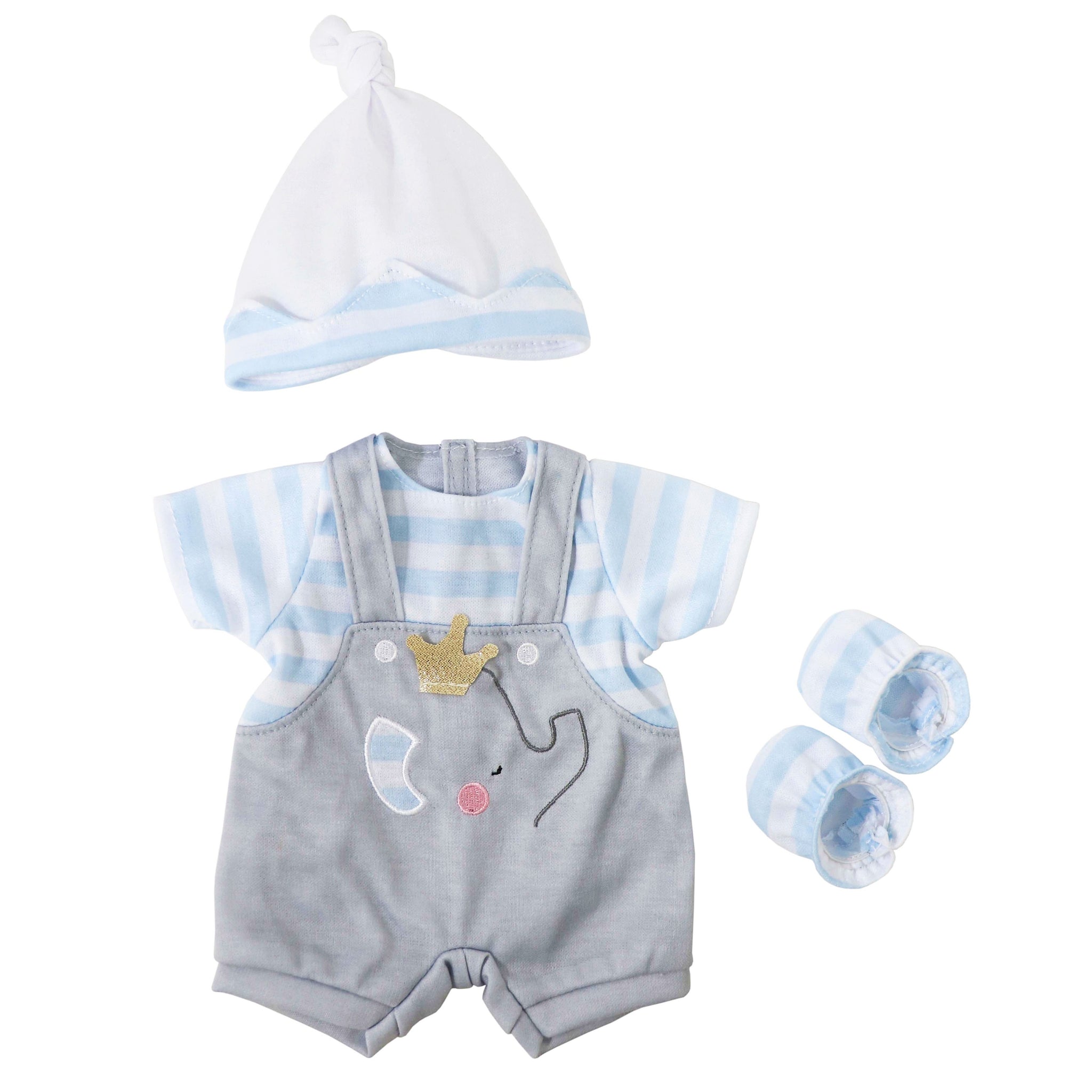 JC Toys Berenguer Boutique Baby Doll Outfit Gray Overall Shorts with Blue Stripes Includes Headband and Booties