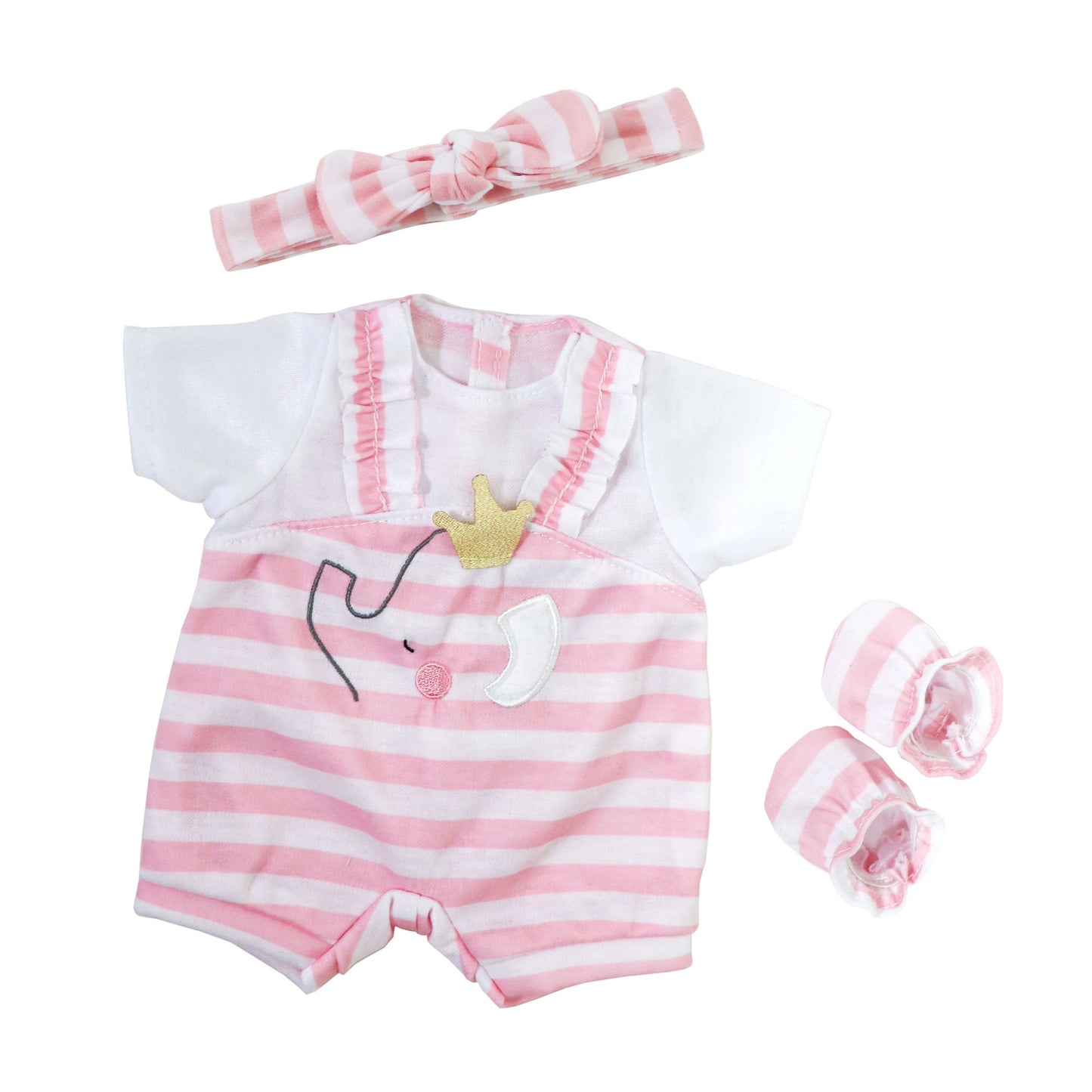 JC Toys Berenguer Boutique Baby Doll Outfit  Pink Stripes and White Overall Shorts Includes Headband and Booties