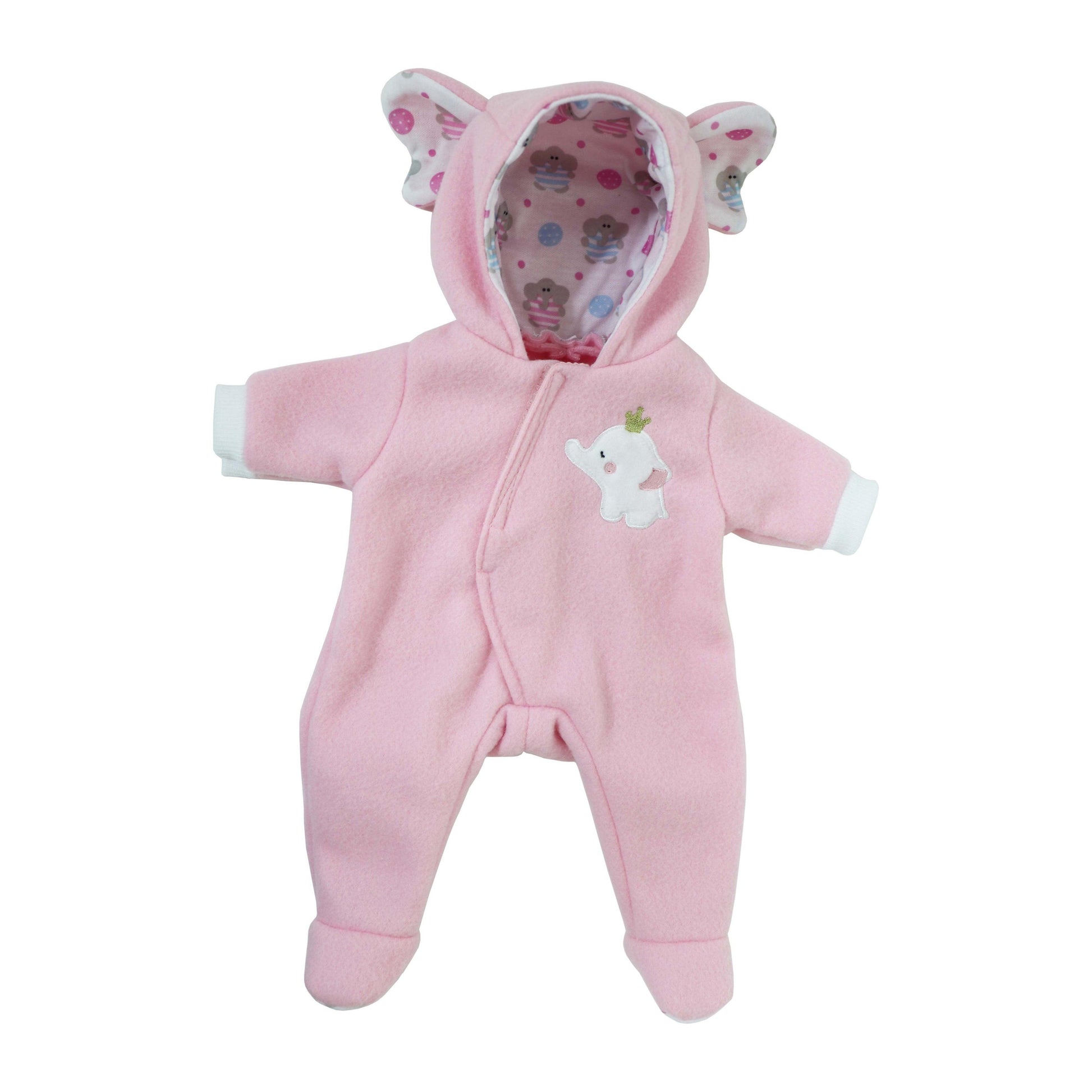 JC Toys Berenguer Boutique Baby Doll Outfit Pink Elephant Themed Hooded Onesie Fits dolls 14"- 18" - JC Toys Group Inc.