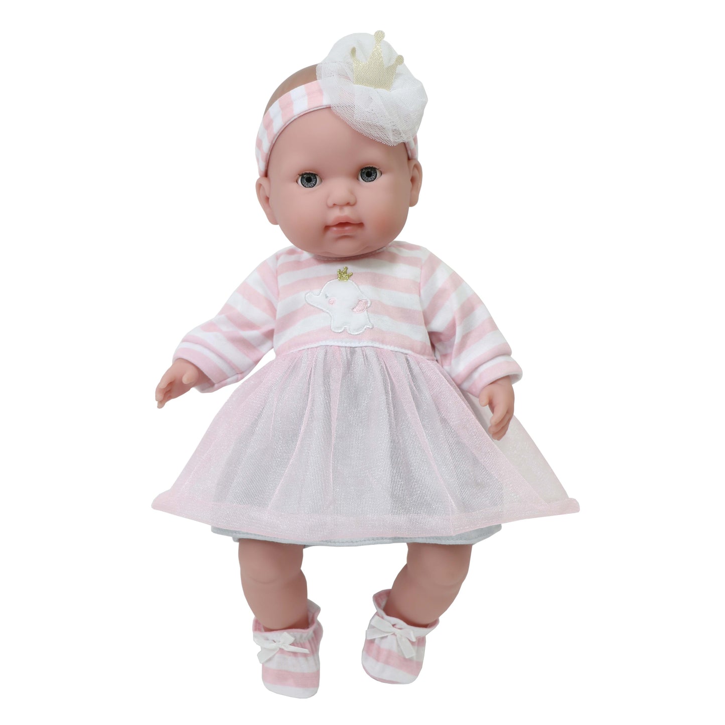 JC Toys Berenguer Boutique Baby Doll Outfit Pink Striped Dress with Tulle Skirt, Shorts, Headband, and Booties