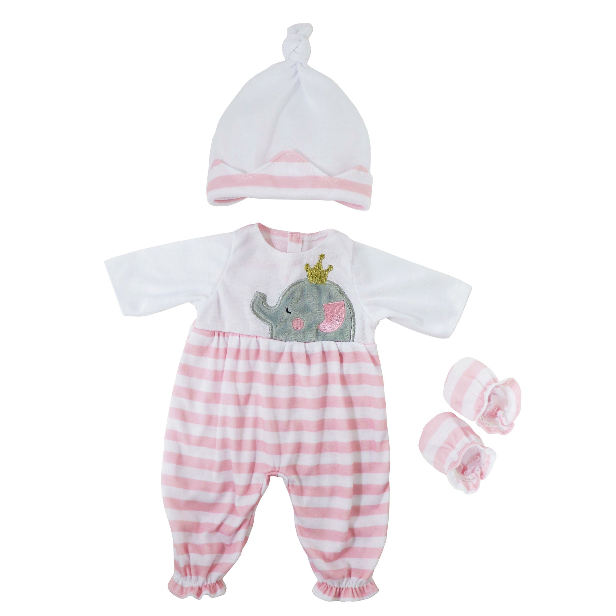 JC Toys Berenguer Boutique Baby Doll Outfit Pink Striped Long Onesie with Hat, and Booties