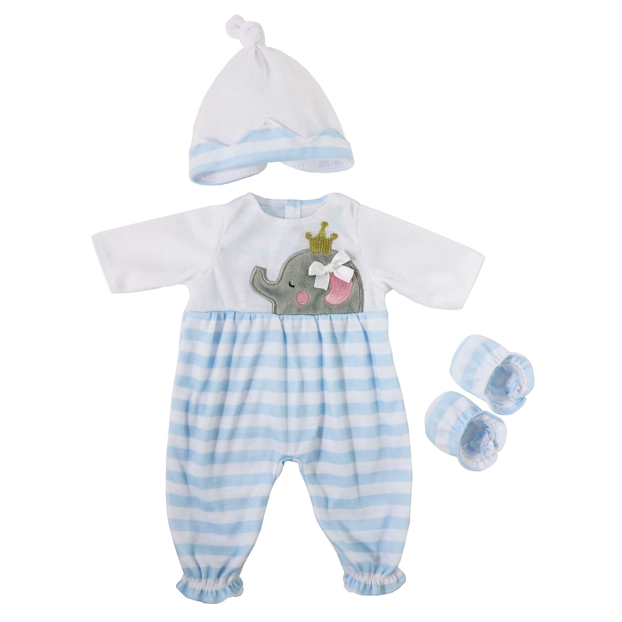 JC Toys Berenguer Boutique Baby Doll Outfit Blue Striped Long Onesie with Hat, and Booties