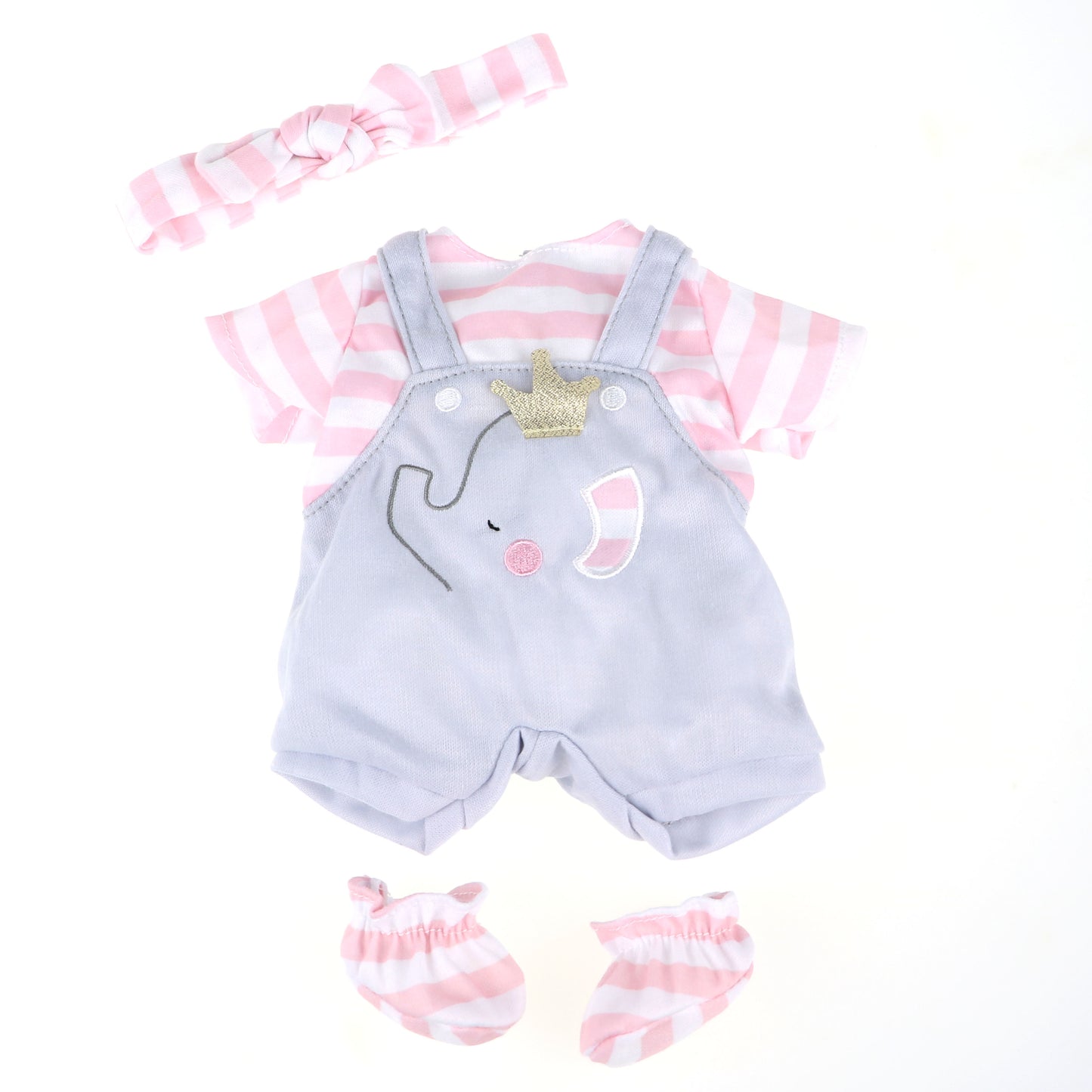 JC Toys Berenguer Boutique Baby Doll Outfit Gray Overall Shorts with Pink Stripes Includes Headband and Booties